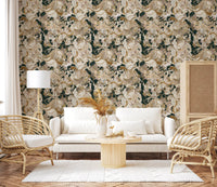 Deep green botanical wallpaper carrying bold peony floral layers