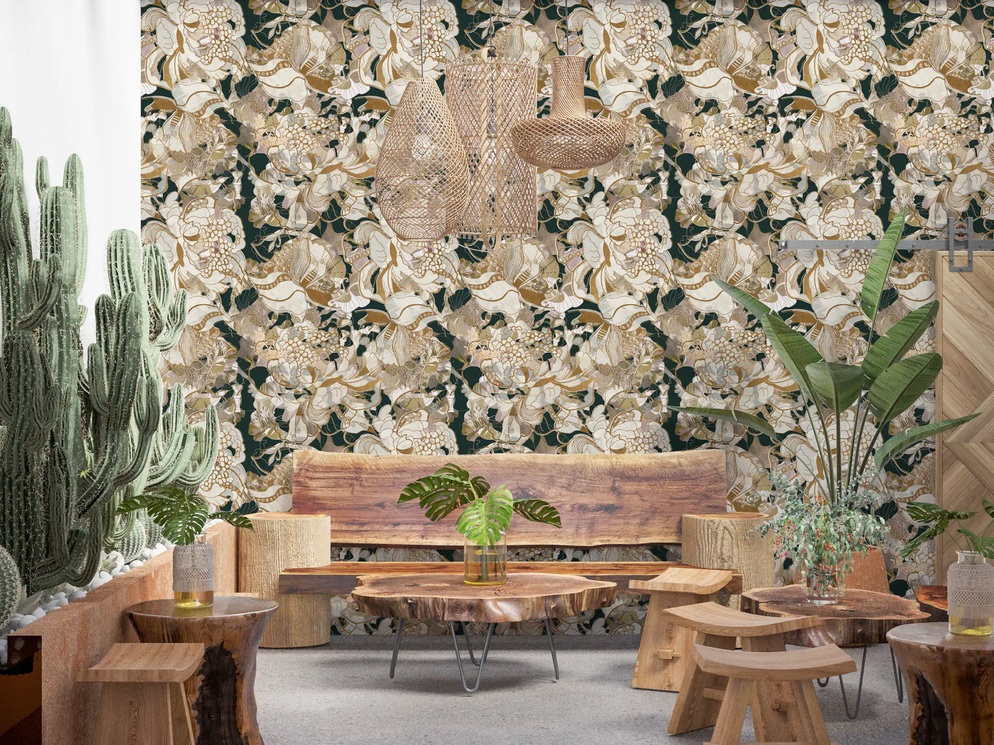 Cafe area featuring peony floral wallpaper with elegant dark styling