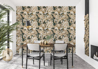 Dining room styled with dark peony wallpaper and cream floral artwork