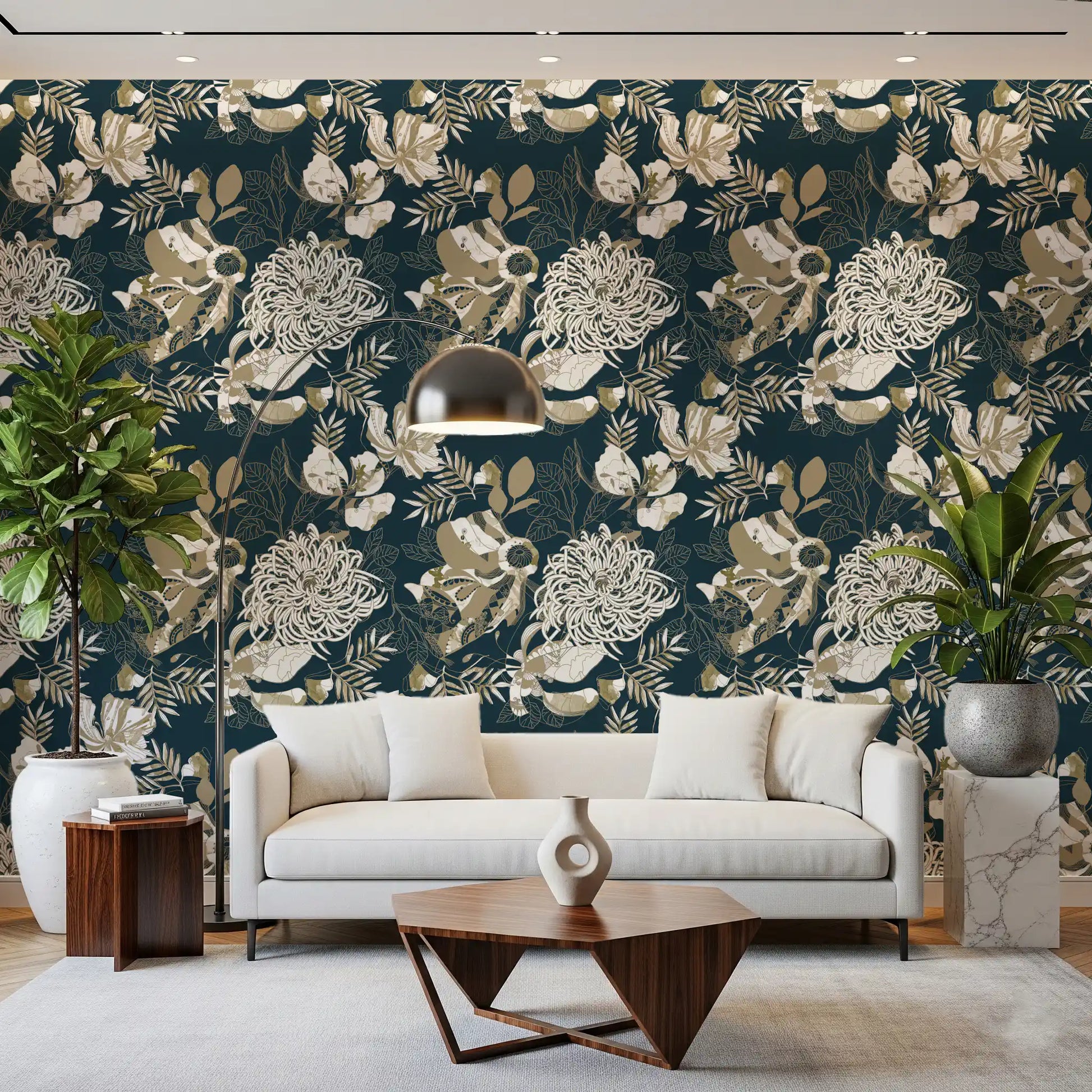Floral Art Deco wallpaper showing abstract petals and sketched leaves