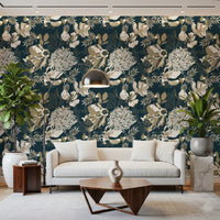 Floral Art Deco wallpaper showing abstract petals and sketched leaves