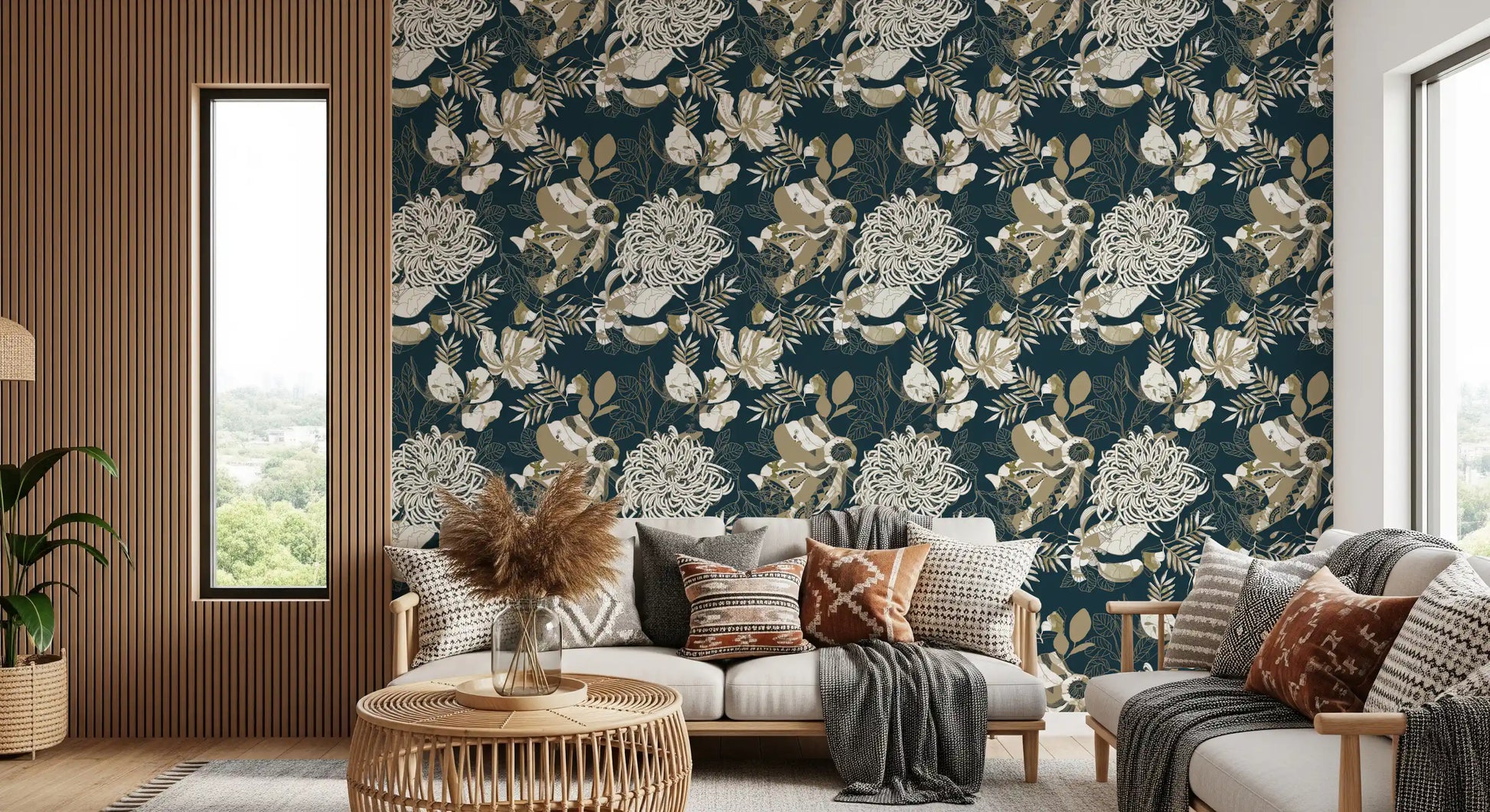 Hallway wall using teal floral wallpaper with gold botanical accents
