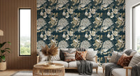 Hallway wall using teal floral wallpaper with gold botanical accents