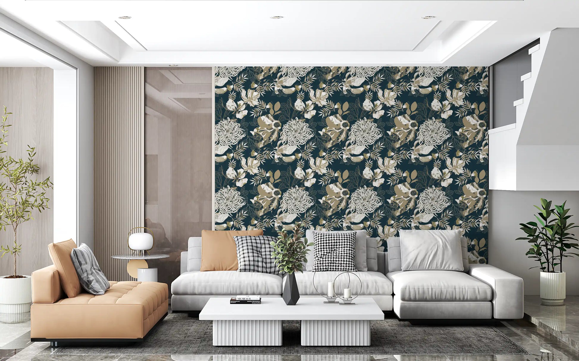 Living room finished with Art Deco floral wallpaper and leafy linework
