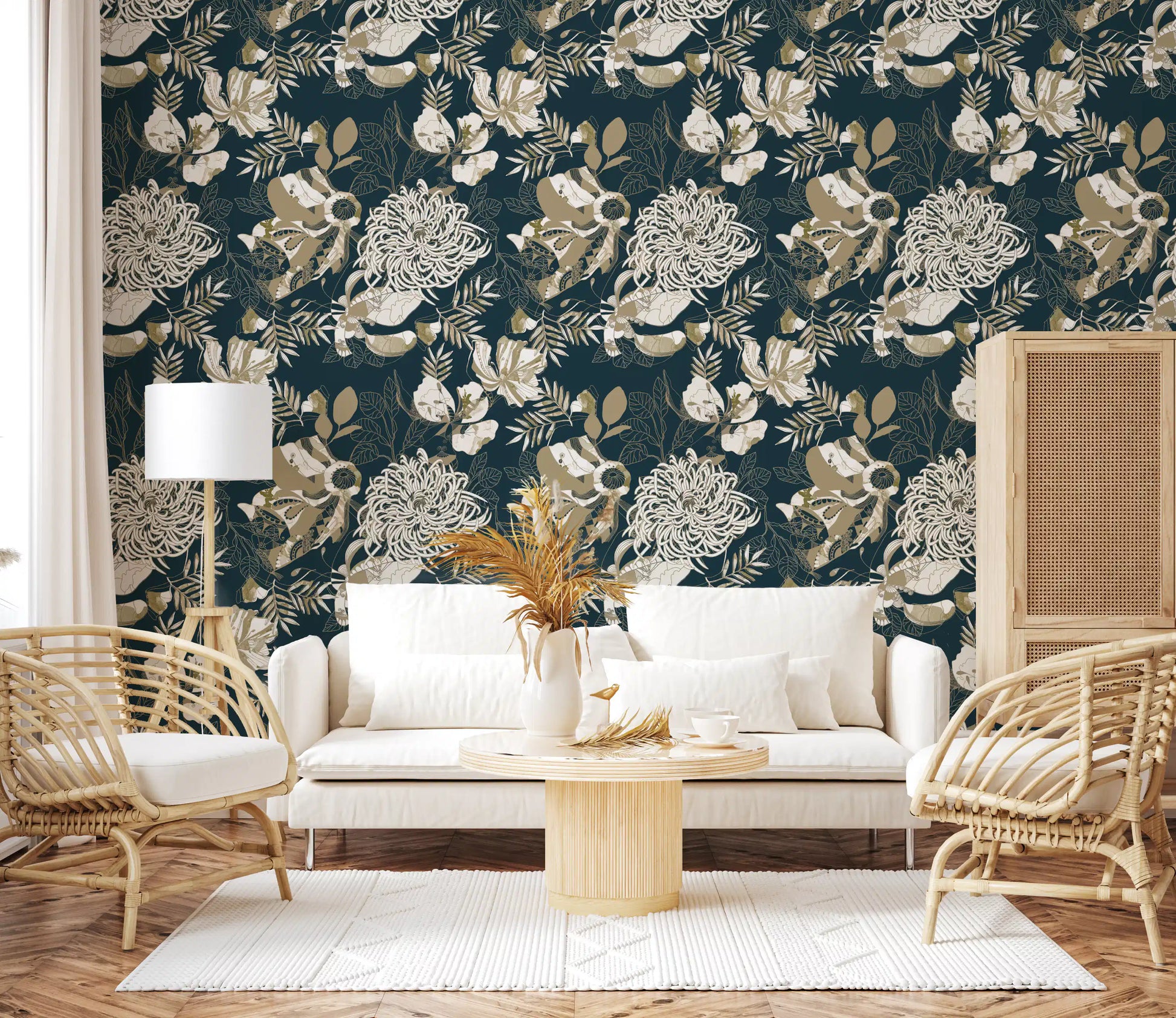 Office wall featuring floral teal wallpaper with elegant patterned detail
