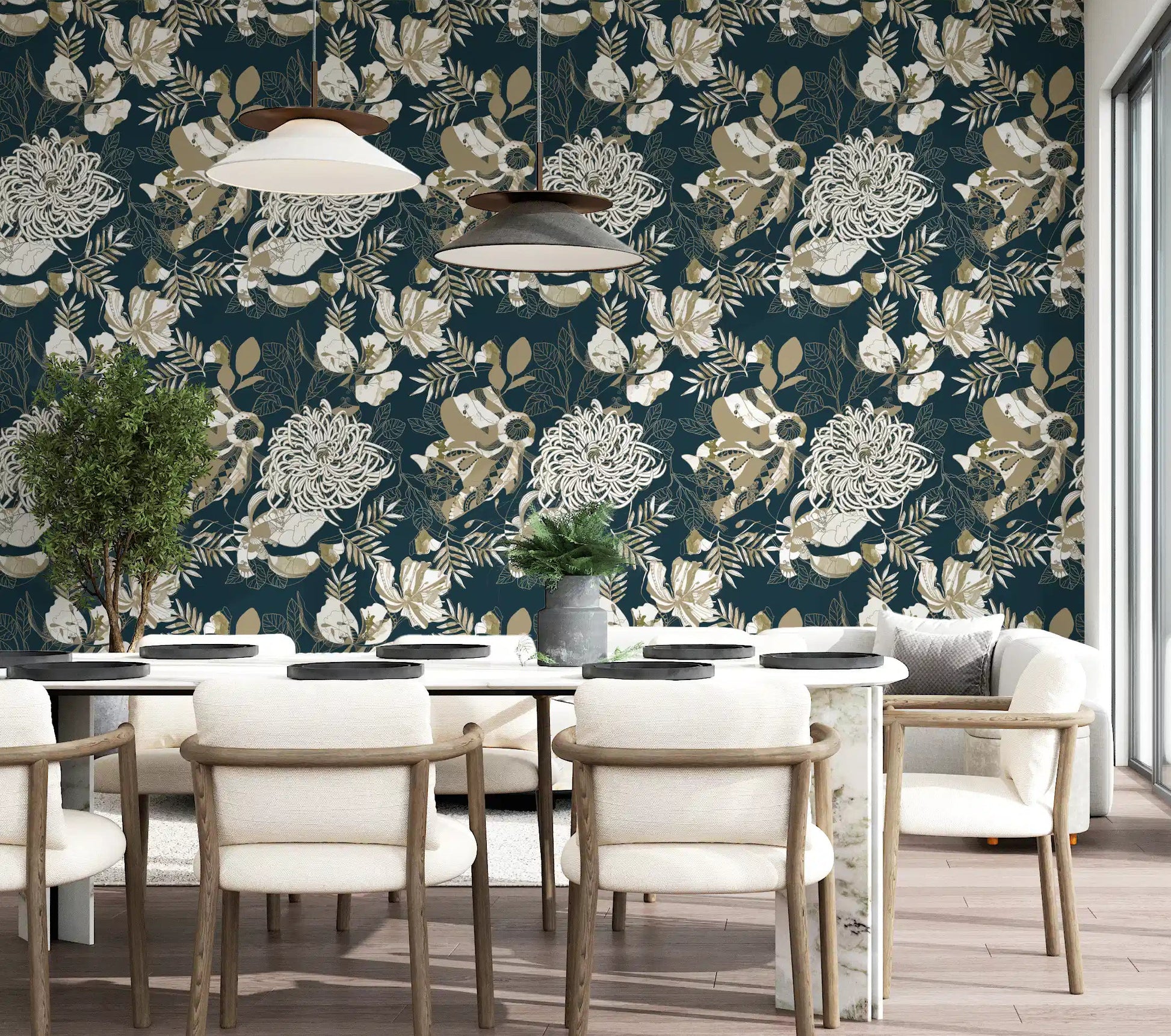 Dining room styled with Art Deco Teal Floral Wallpaper and cream blooms