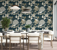 Dining room styled with Art Deco Teal Floral Wallpaper and cream blooms