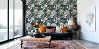 Art Deco Teal Floral Wallpaper with layered cream flowers and leaves