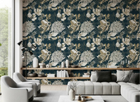 Deep teal wallpaper with botanical shapes and gold-toned line art