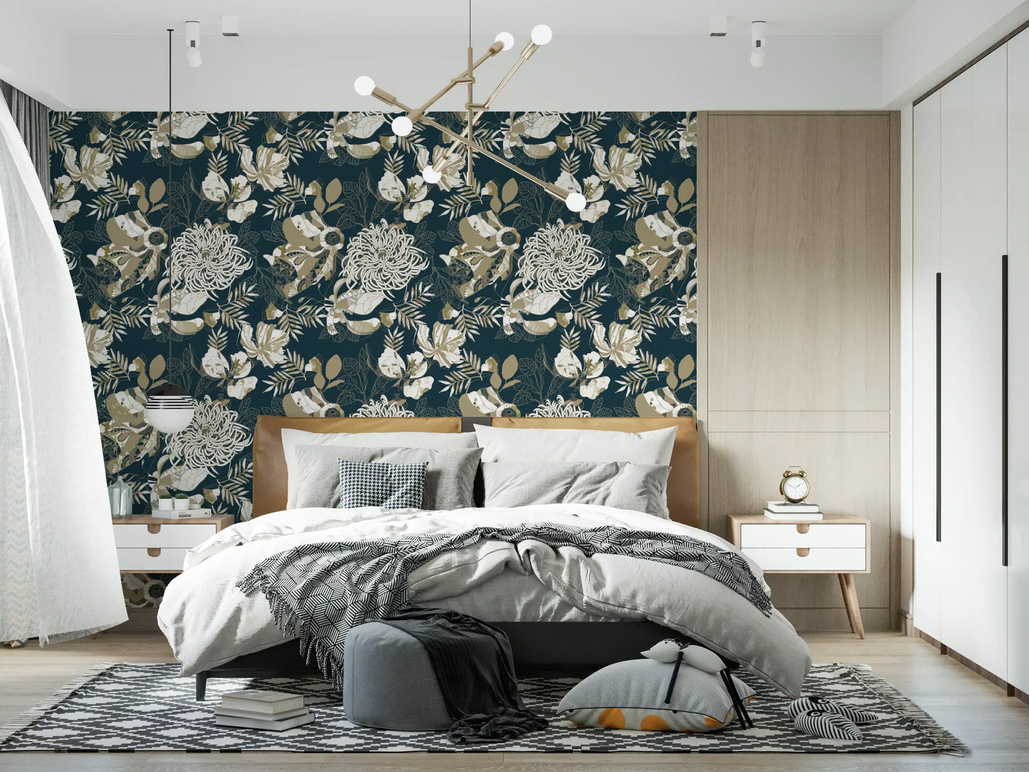 Bedroom wall showing teal botanical wallpaper with abstract flowers