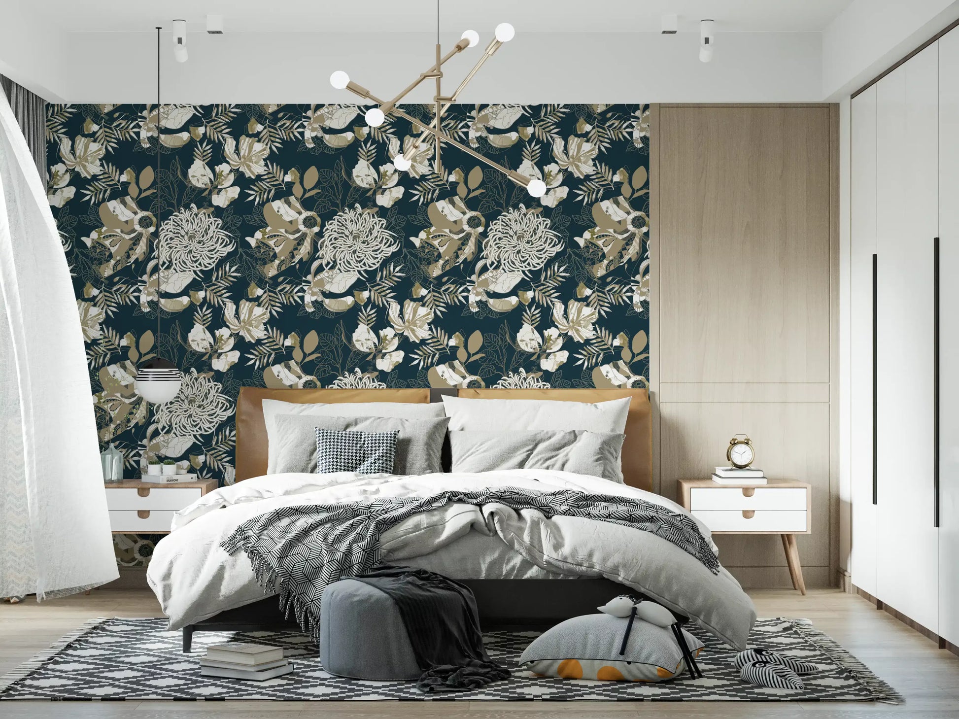 Bedroom wall showing teal botanical wallpaper with abstract flowers