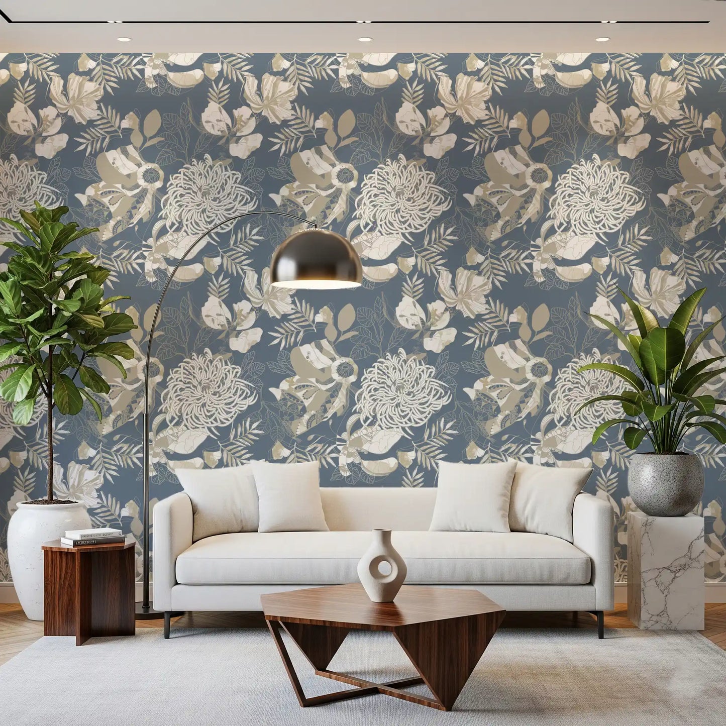 White peonies sit against the dusty blue ground of Floral Wallpaper.