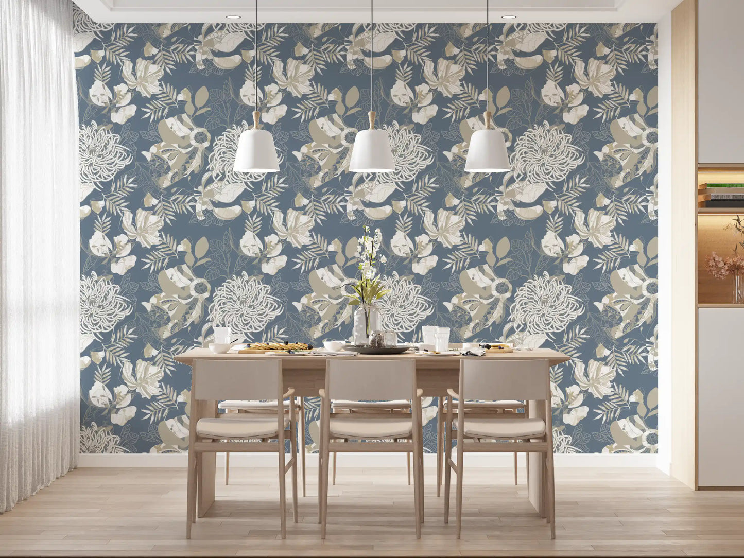 Dusty Blue Floral wallpaper edges the dining room behind cream peonies and palms.