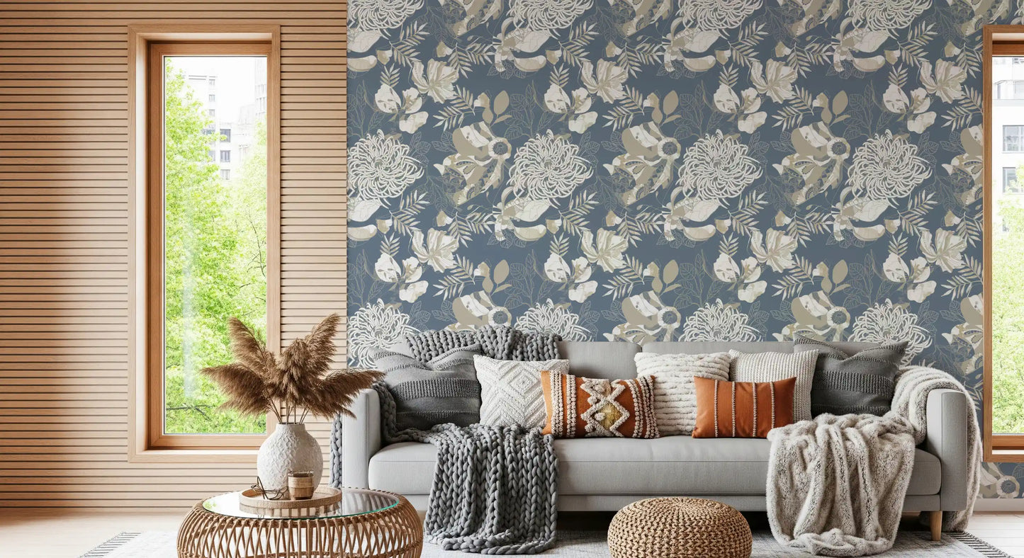 Palm-leaf shapes layer between blooms on Dusty Blue Floral wallpaper.