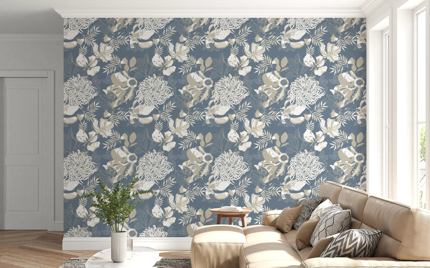 Cream and beige florals open in the living room with Dusty Blue wallpaper.