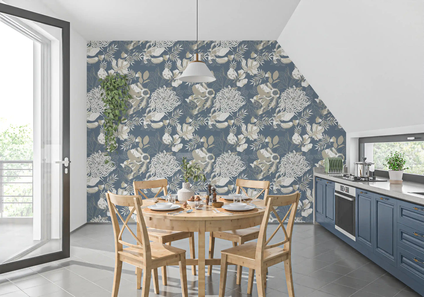 Kitchen-dining take on a quieter mood with Dusty Blue Floral wallpaper.