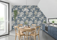 Kitchen-dining take on a quieter mood with Dusty Blue Floral wallpaper.