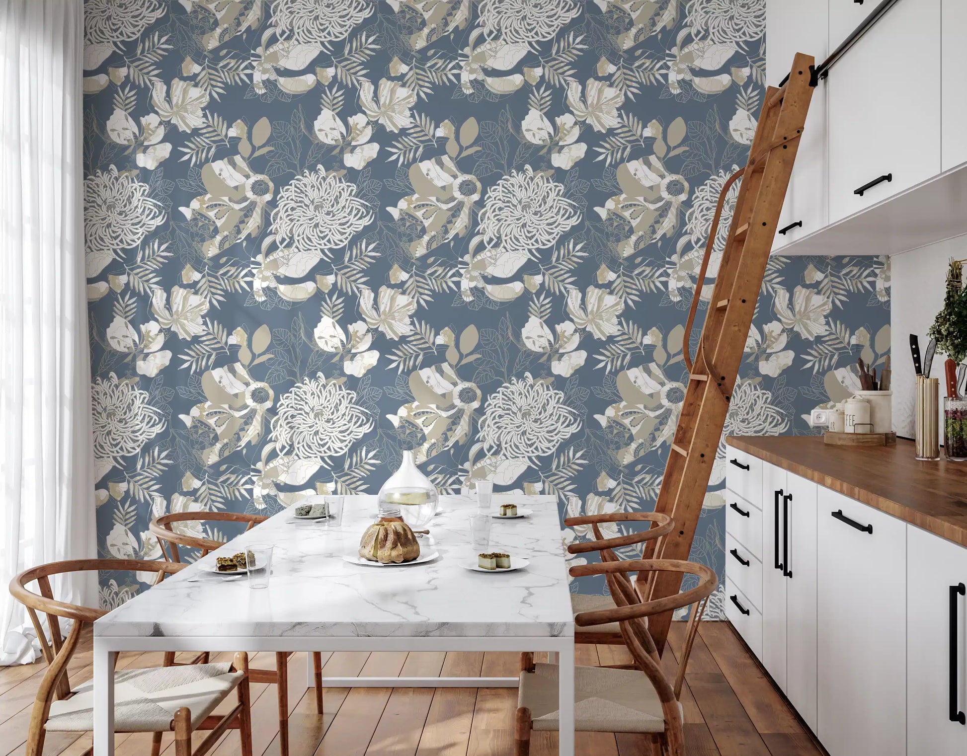 Beige palm leaves and blooms wrap the dining room in Dusty Blue wallpaper.