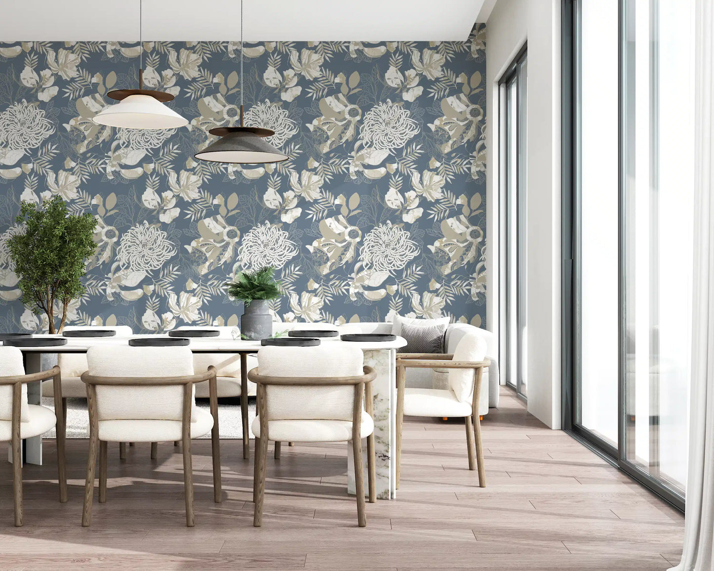 Beige fills and white outlines combine on Dusty Blue Floral wallpaper.