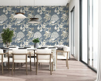 Beige fills and white outlines combine on Dusty Blue Floral wallpaper.
