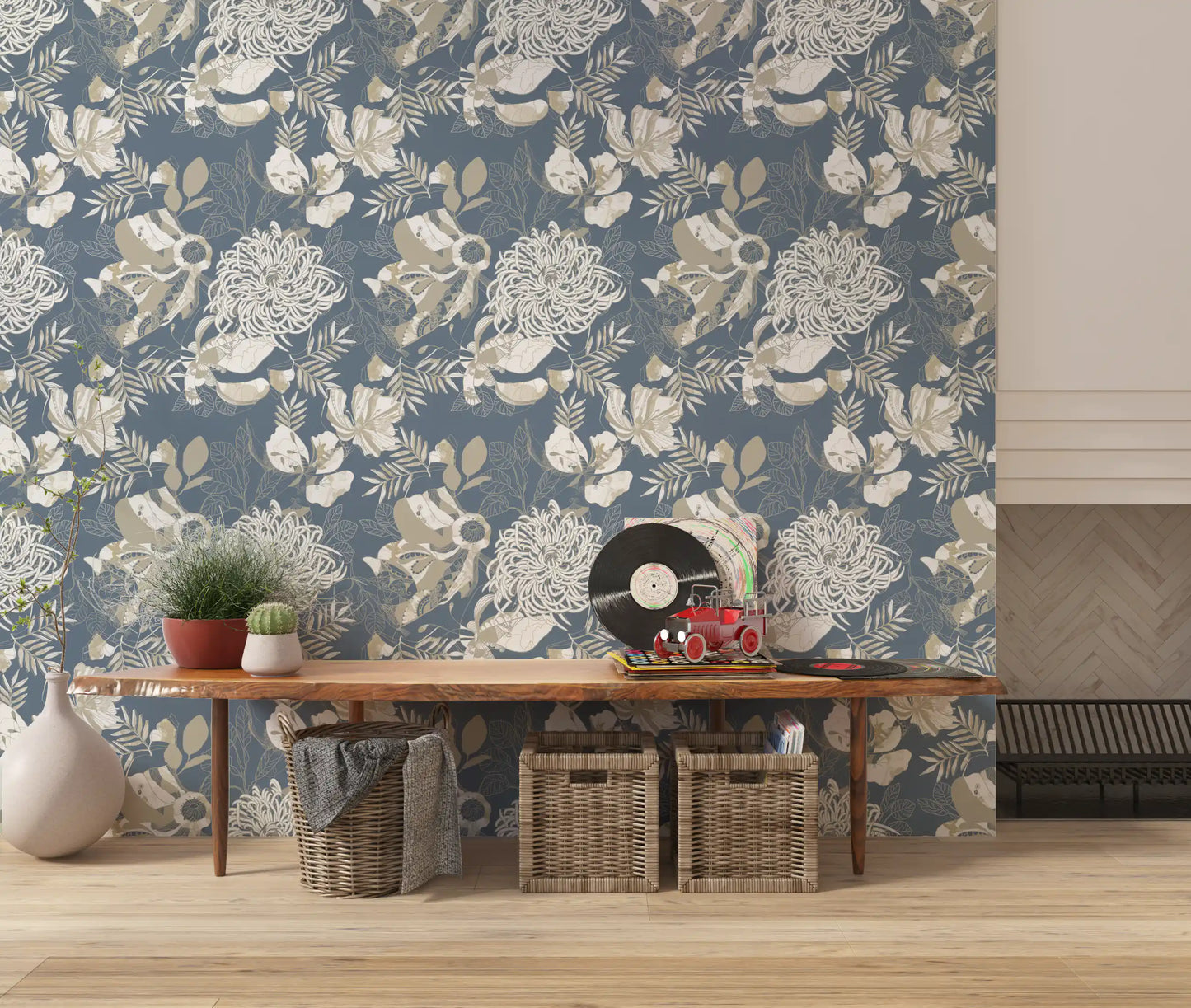 Fine line work outlines each petal across this Dusty Blue wallpaper.