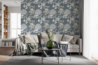 Quiet botanical line work fills the lounge with Dusty Blue Floral wallpaper.