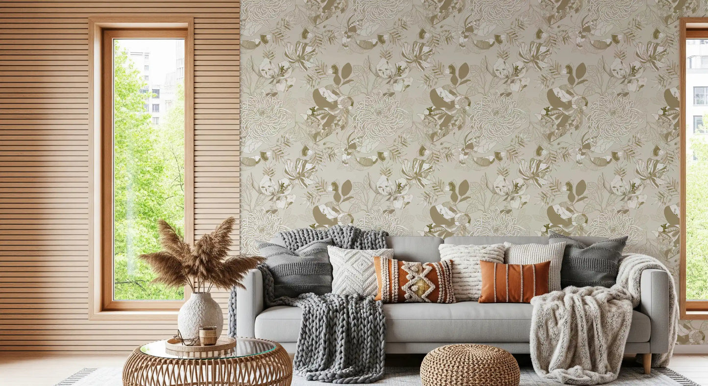 Lounge corner covered in cream chrysanthemum wallpaper with olive detail