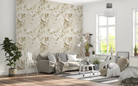 Hallway clad in tonal floral wallpaper with palm fronds and blooms