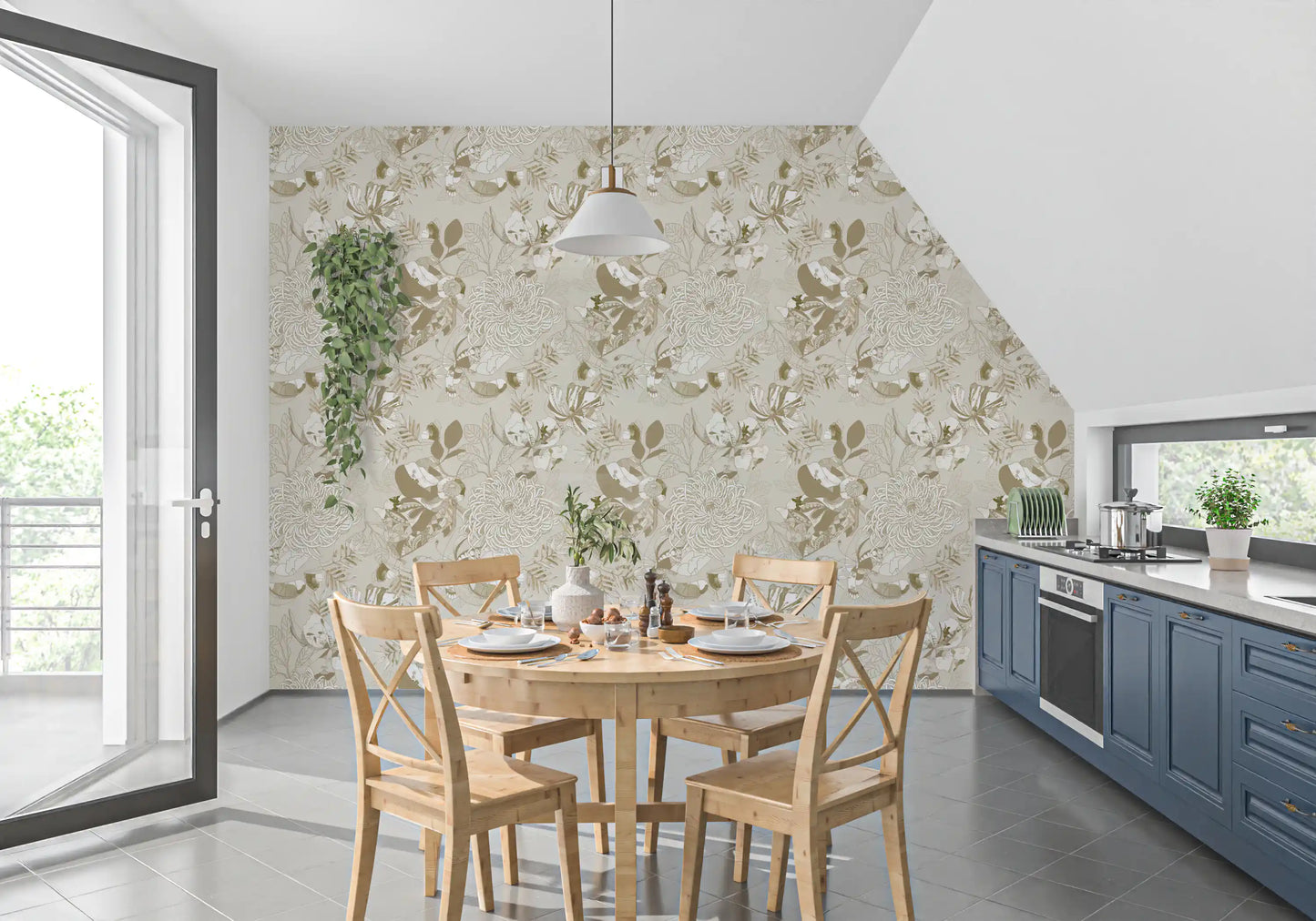 Kitchen and dining room in warm beige chrysanthemum wallpaper with sketched florals