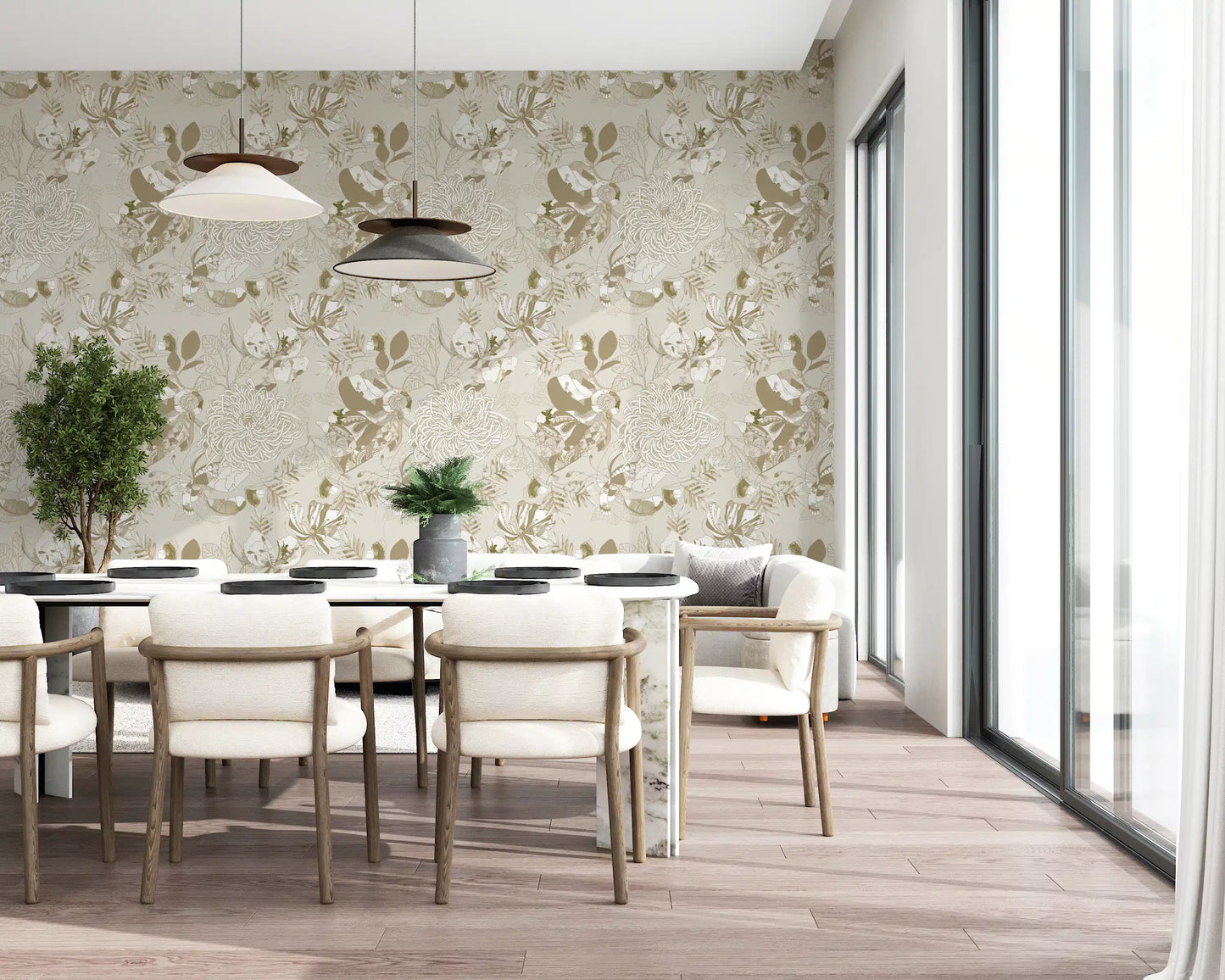 Dining room finished in neutral botanical wallpaper showing tropical leaves