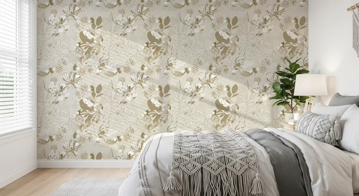 Warm neutral chrysanthemum wallpaper with palm fronds, leaves, and tendrils