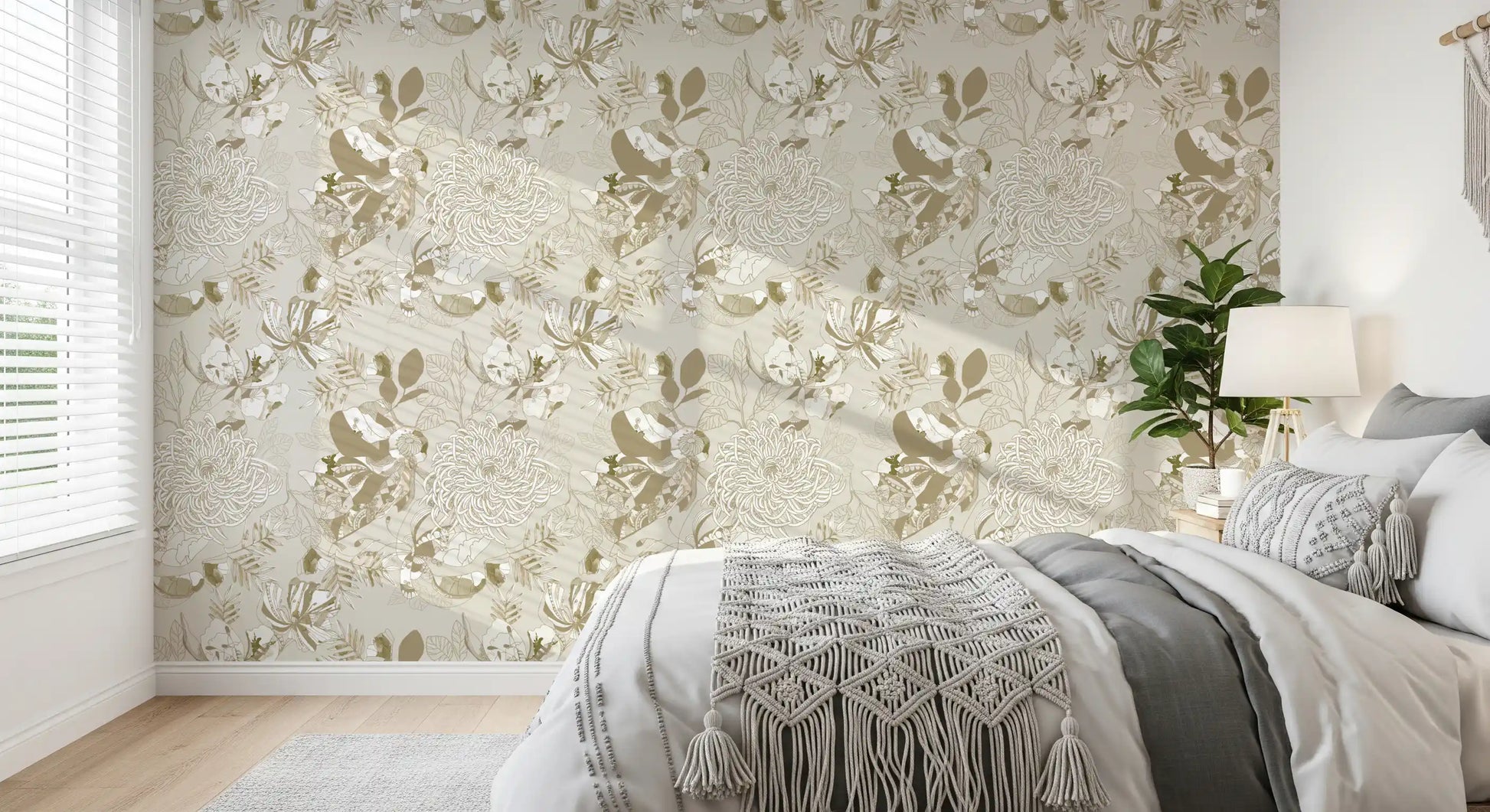 Warm neutral chrysanthemum wallpaper with palm fronds, leaves, and tendrils
