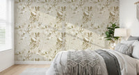 Warm neutral chrysanthemum wallpaper with palm fronds, leaves, and tendrils