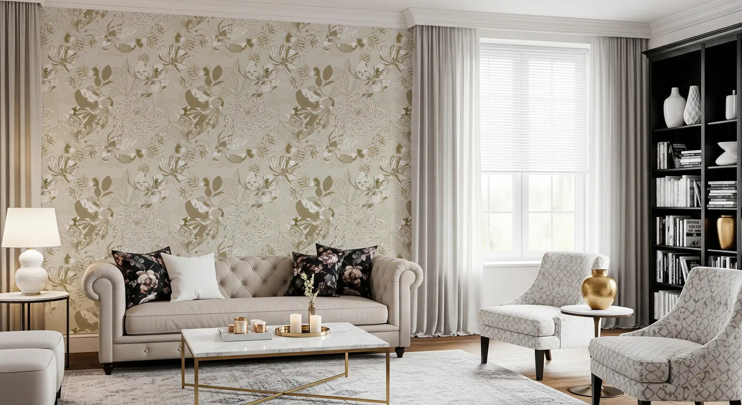 Living room wrapped in beige floral wallpaper with palm leaves