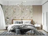 Tonal botanical wallpaper with cream petals and sketched palm leaves