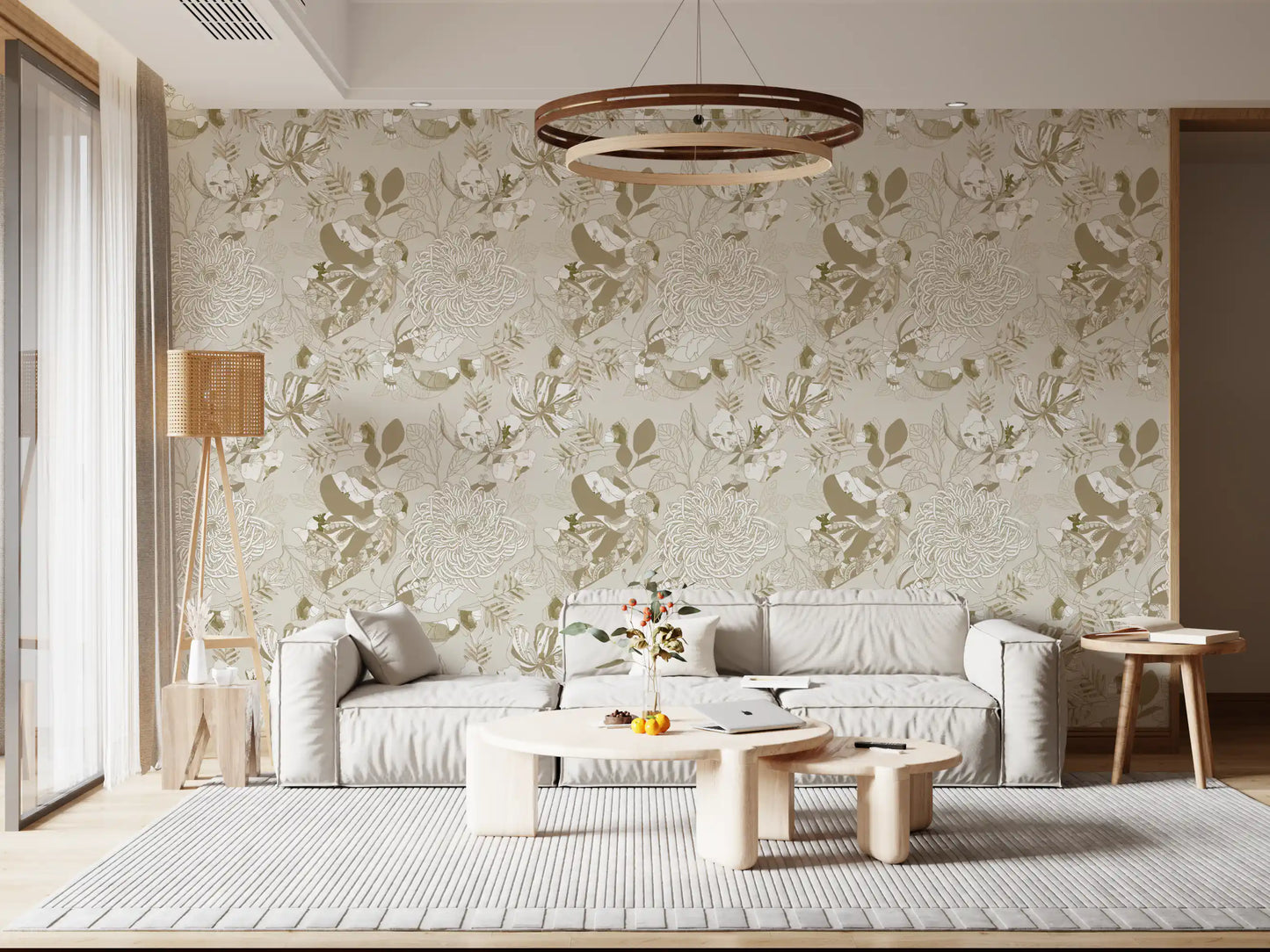 Beige floral wallpaper showing chrysanthemum heads in taupe and olive tones