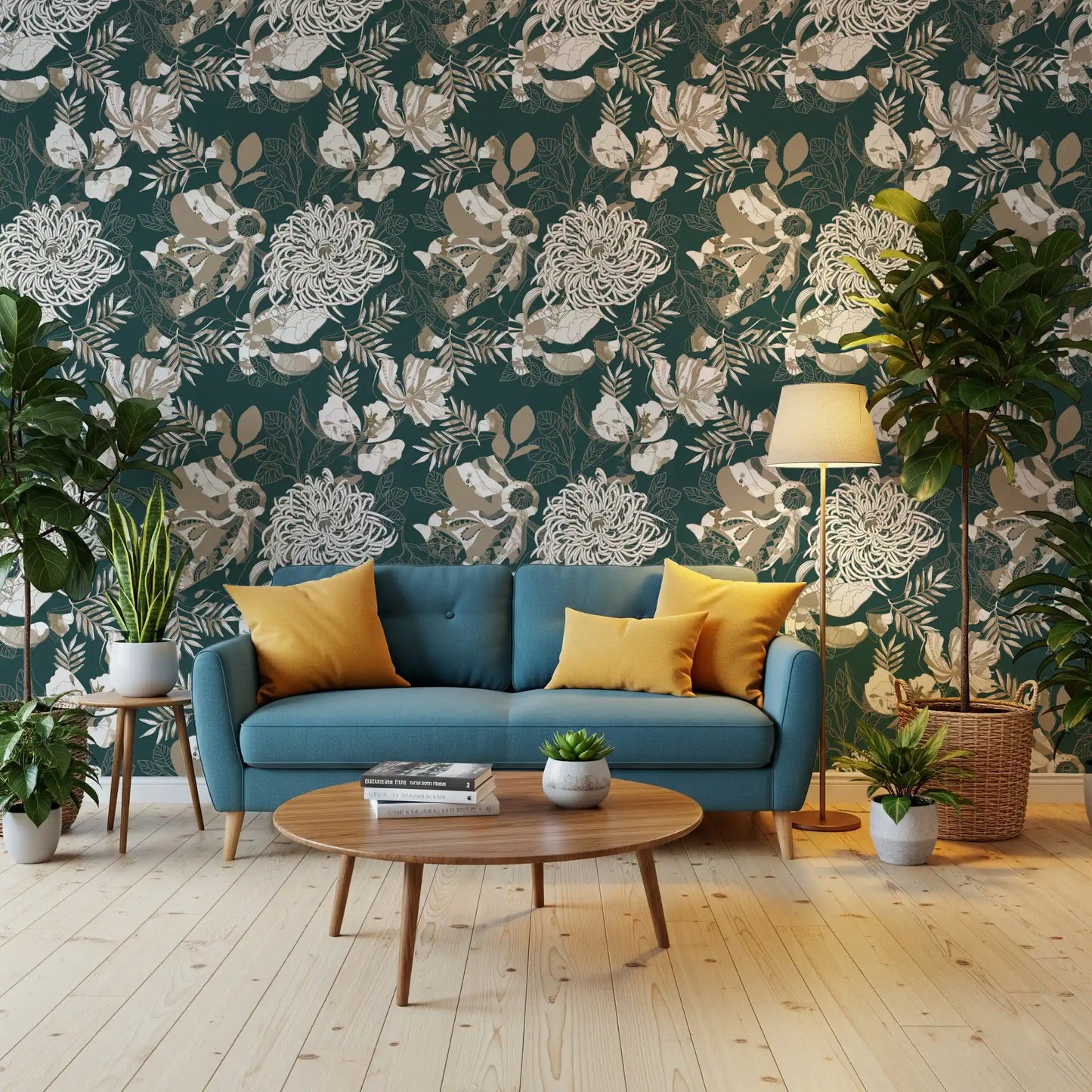 Forest Green Art Deco Floral Wallpaper⁠