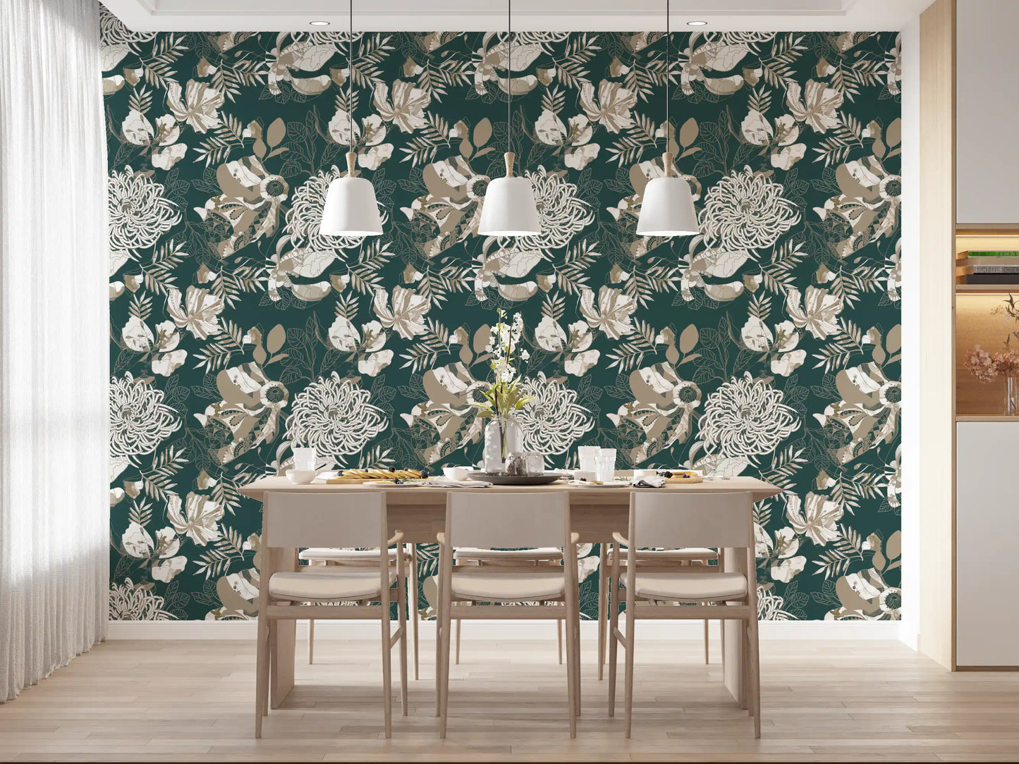 Forest Green Art Deco Floral Wallpaper⁠