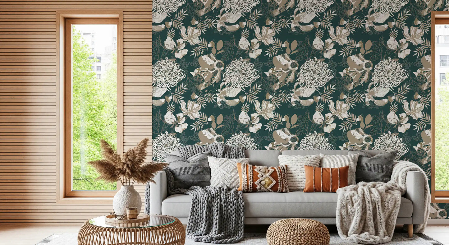 Forest Green Art Deco Floral Wallpaper⁠