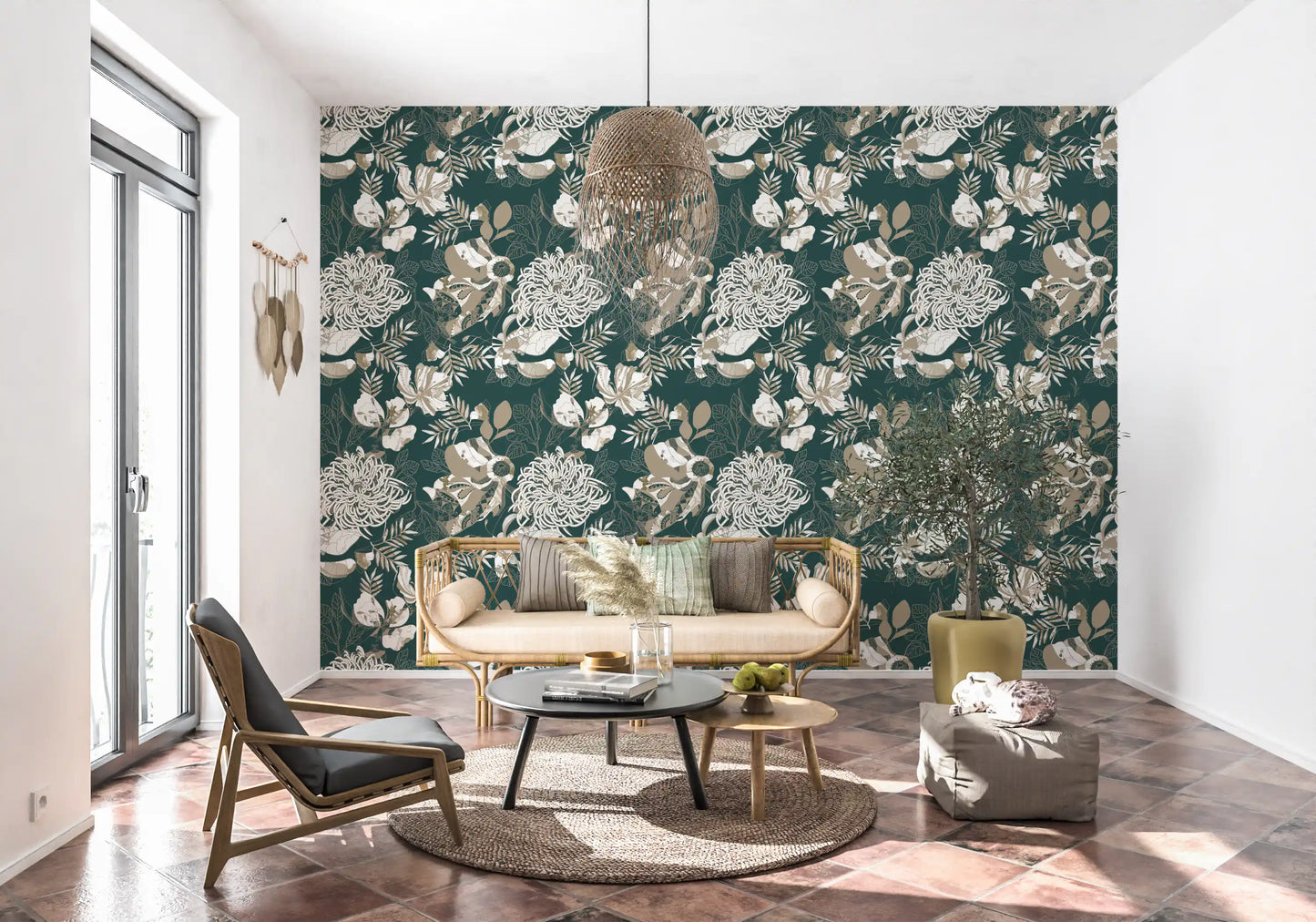 Forest Green Art Deco Floral Wallpaper⁠