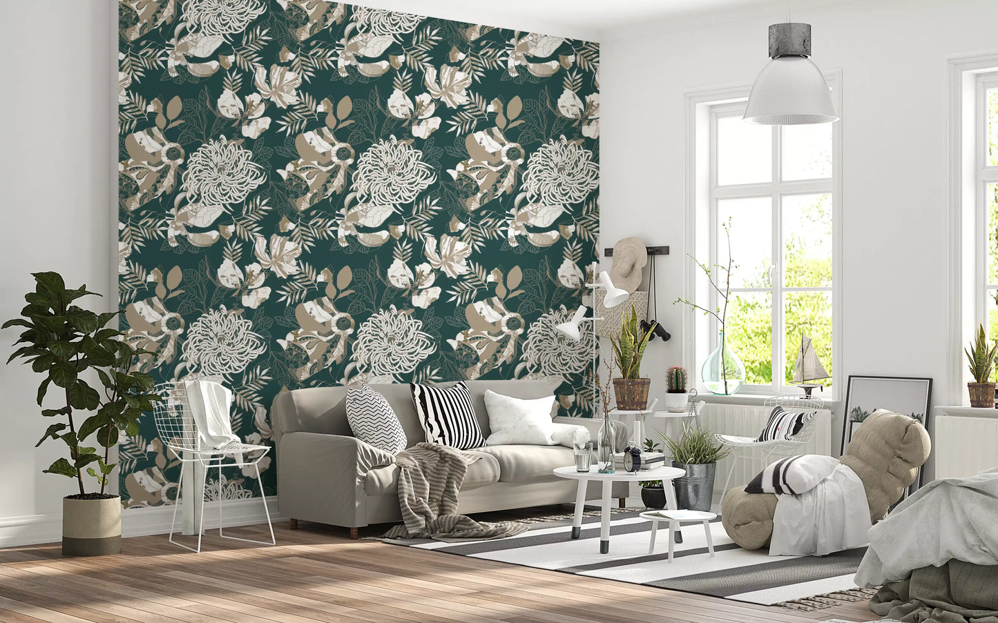 Forest Green Art Deco Floral Wallpaper⁠
