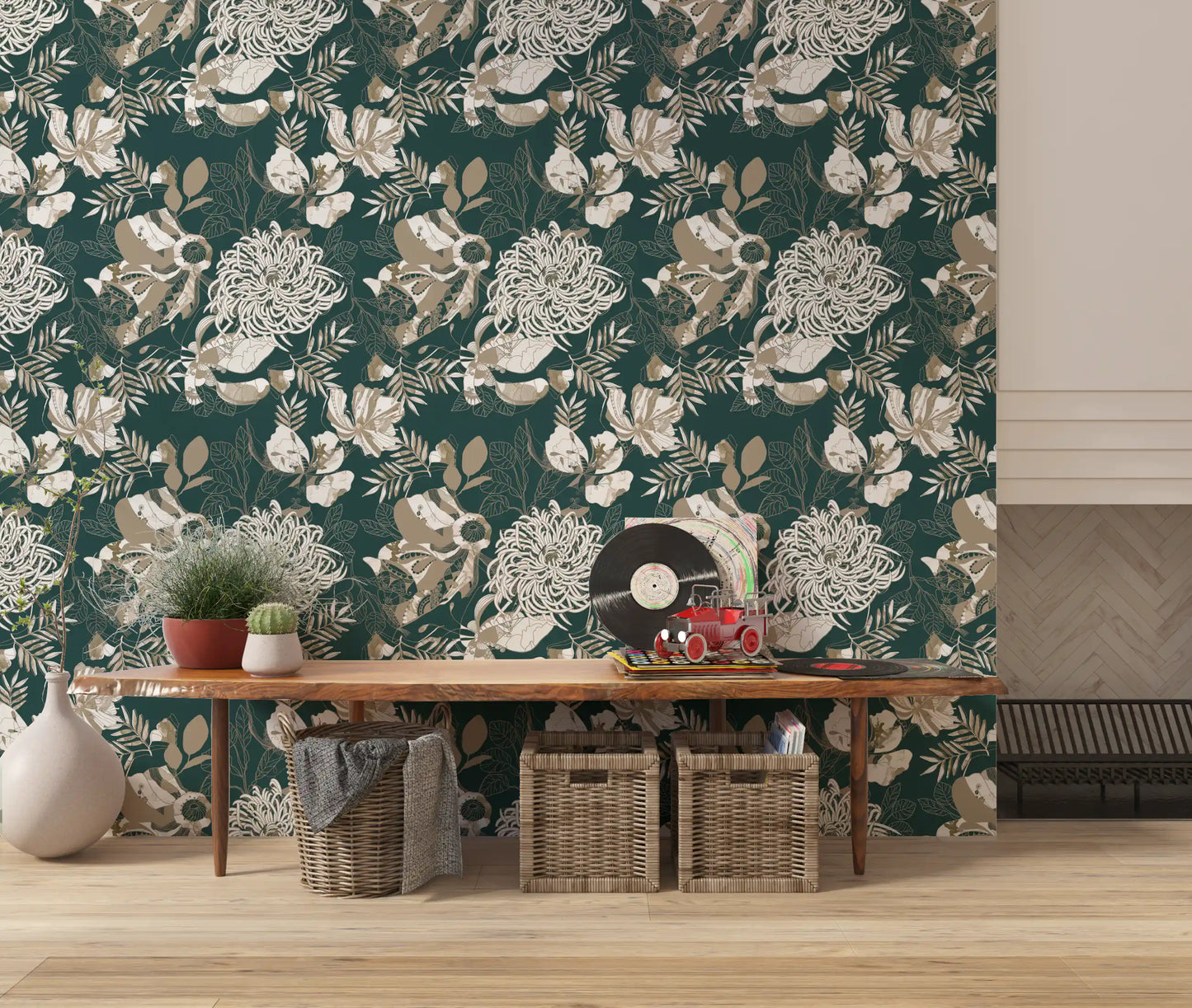 Forest Green Art Deco Floral Wallpaper⁠