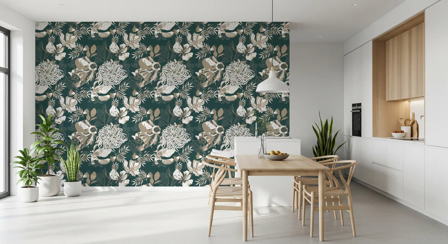 Forest Green Art Deco Floral Wallpaper⁠