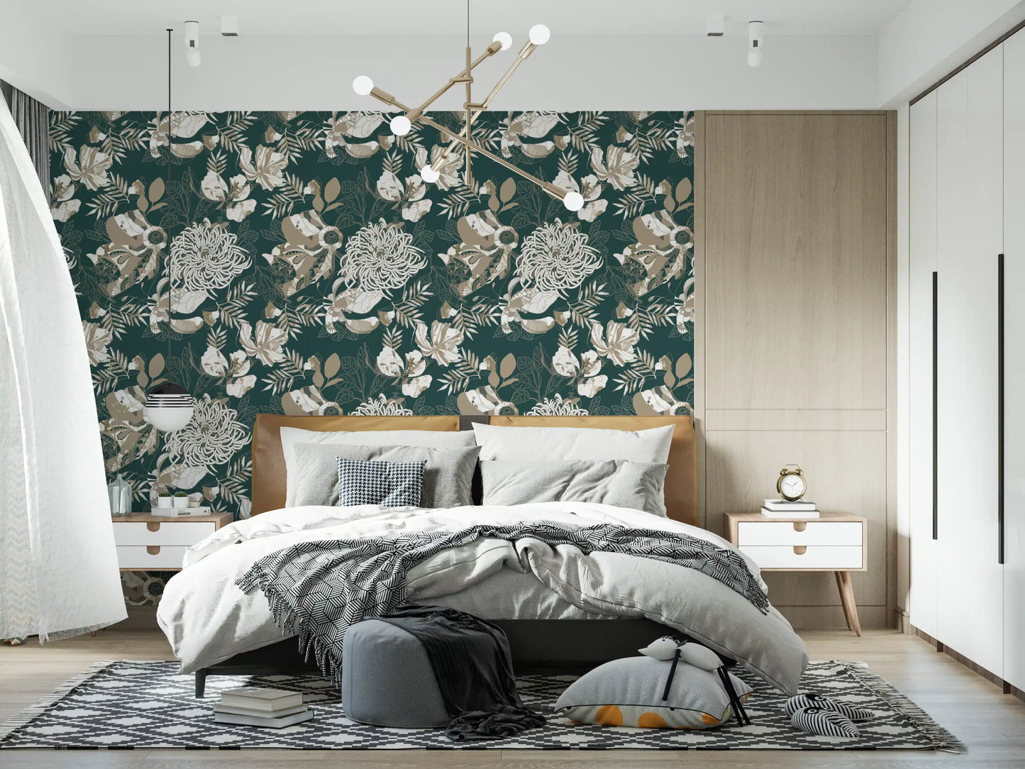 Forest Green Art Deco Floral Wallpaper⁠