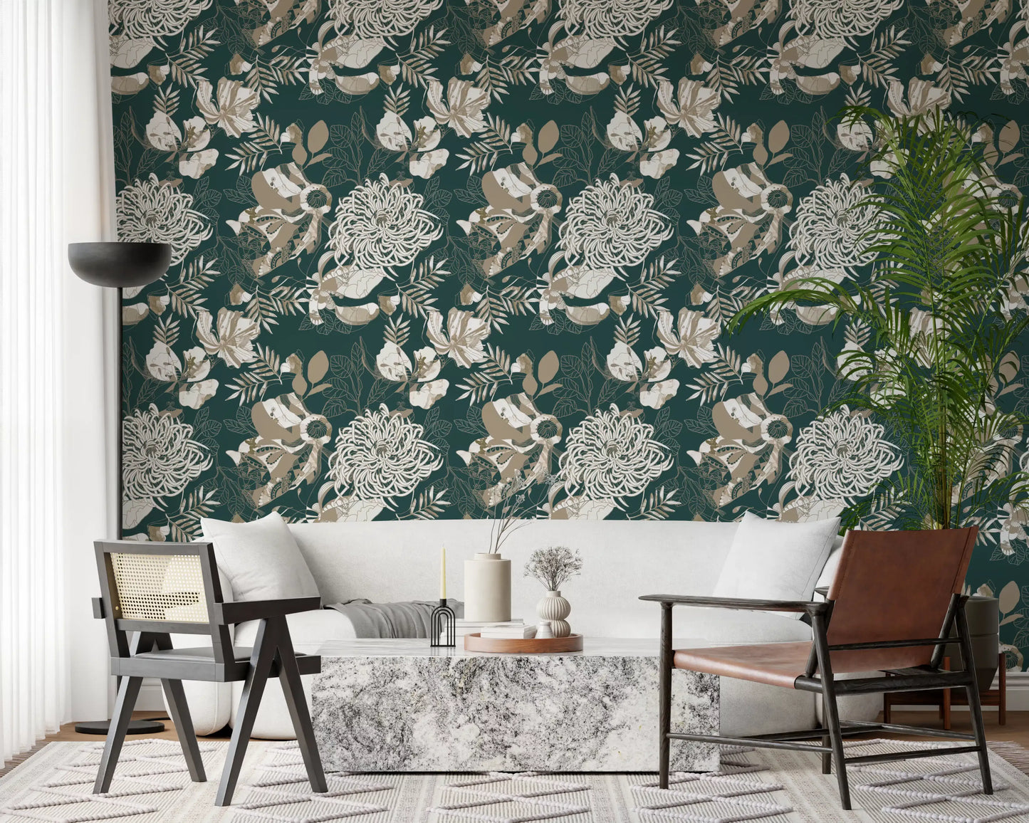 Forest Green Art Deco Floral Wallpaper⁠