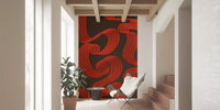 Deep red lines accent the living room behind this Flowing Ember wall mural.