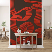 Bold curves arc across the hallway backdrops in Flowing Ember Lines wall mural.