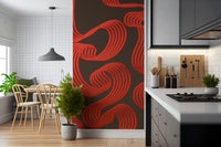 Bold red ribbons twist and curve across the Flowing Ember Lines wall mural.