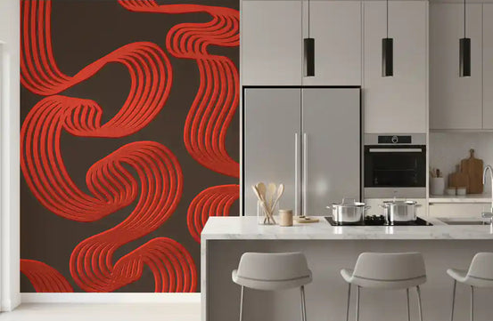 Red ribbon curves sweep through the kitchen with Flowing Ember Lines wall mural.