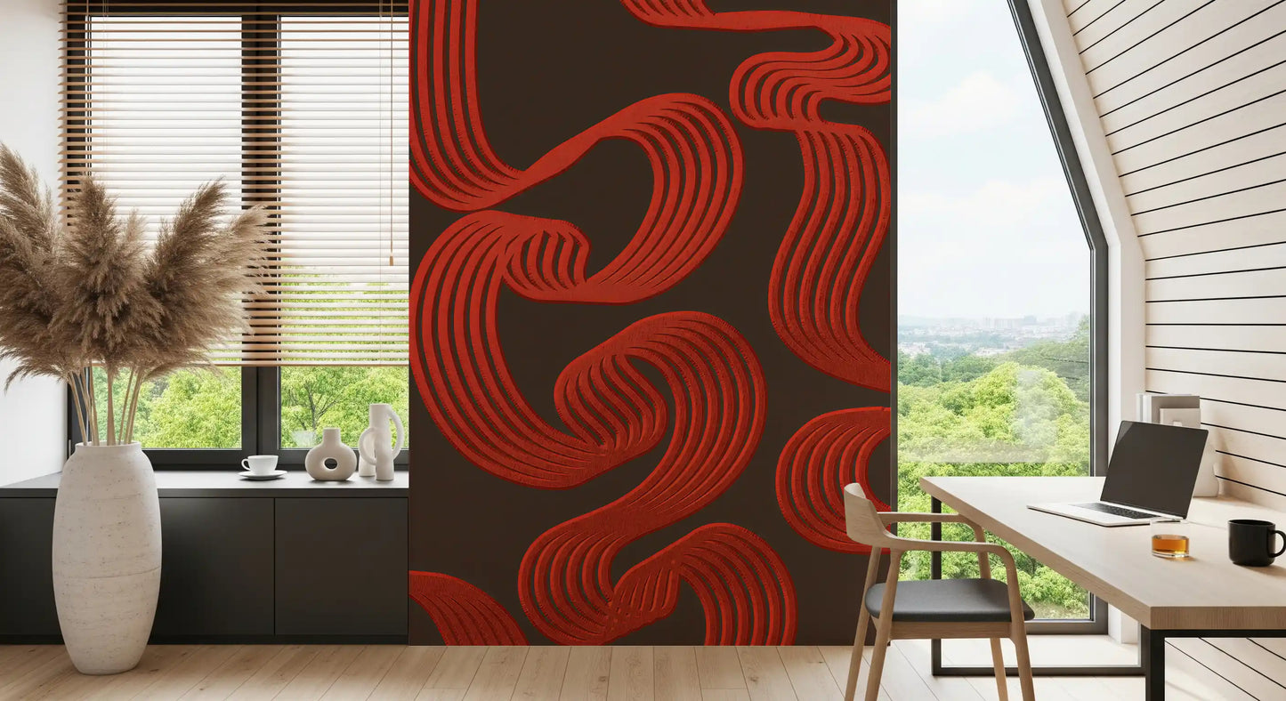 Each ribbon-like band layers stripes to add motion across the Flowing Ember wall mural.